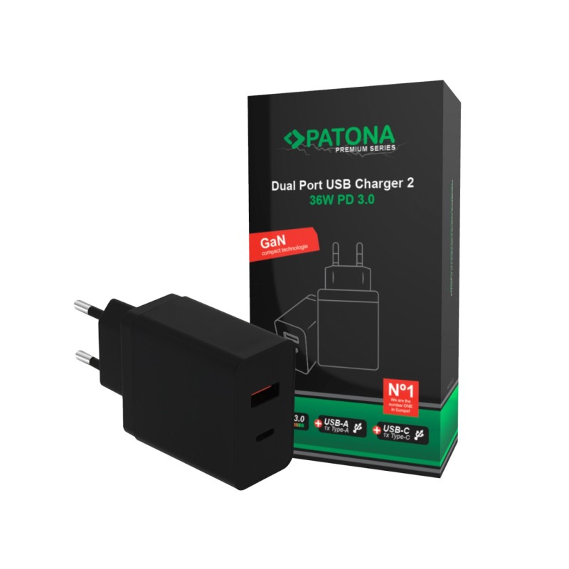 PATONA Premium Ładowarka GaN PD36W 5V/3A 9V/2A 12V/1,5A 1xUSB-C 1xUSB-A PD3.0 QC3.0 czarna