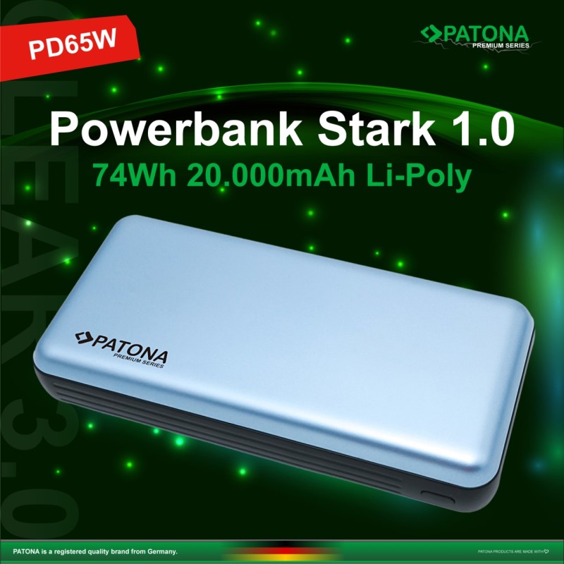 PATONA Powerbank Premium Stark 1.0 PD65W 20.000mAh z 2 zintegrowanymi kablami ładującymi USB-C i Lightning
