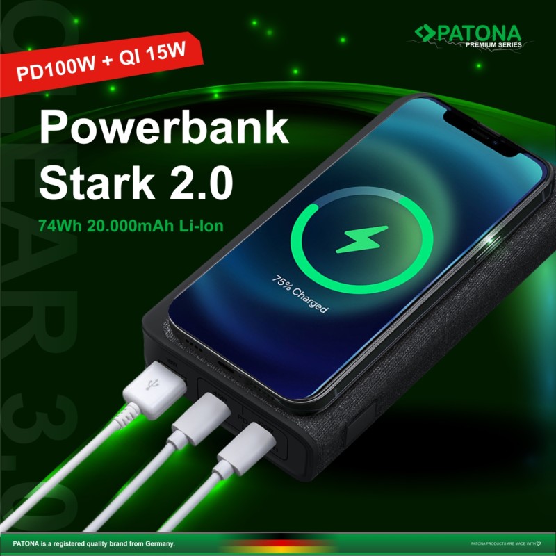 Powerbank PATONA Premium Stark 2.0 PD100W 20.000mAh, ładowanie bezprzewodowe QI, złącze 2xUSB-C 1xUSB-A Powerbank PATONA Premium Stark 2.0 PD100W 20.000mAh, ładowanie bezprzewodowe QI, złącze 2xUSB-C 1xUSB-A