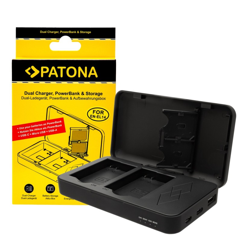 Podwójna ładowarka PATONA do aparatu Nikon EN-EL14 P7000 P7100 P7700 D3100 z funkcją power banku i miejscem na kartę pamięci Podwójna ładowarka PATONA do aparatu Nikon EN-EL14 P7000 P7100 P7700 D3100 z funkcją power banku i miejscem na kartę pamięci