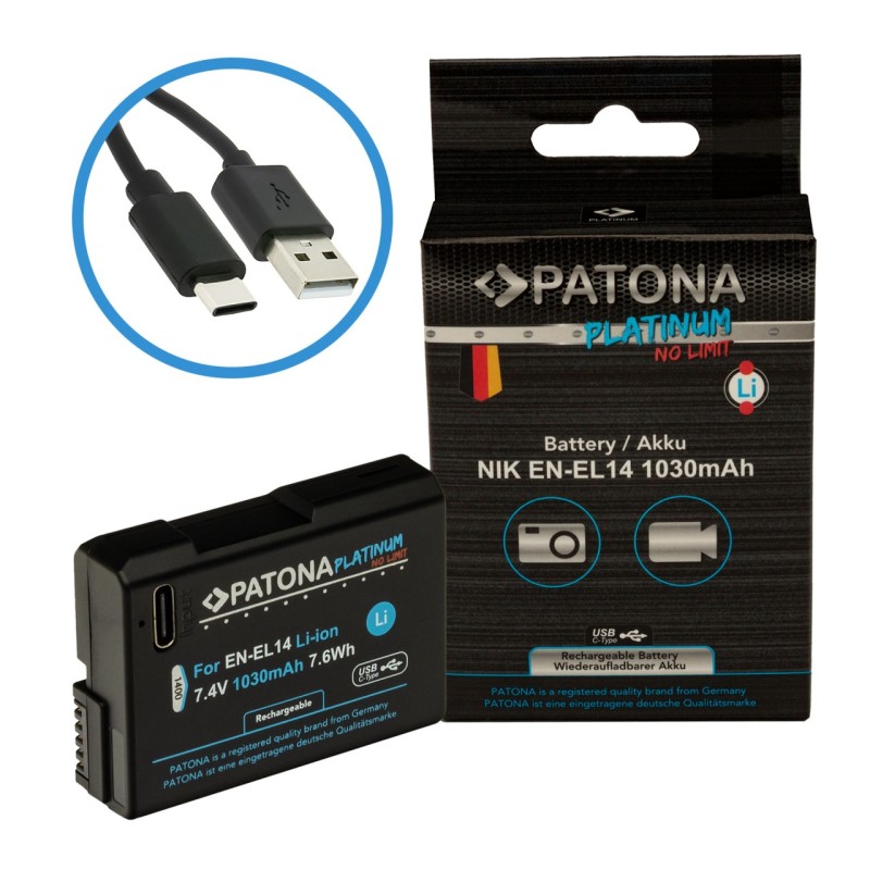 Bateria PATONA Platinum z wejściem USB-C do aparatu Nikon Nikon EN-EL14 D3100 D5100 P7000 Bateria PATONA Platinum z wejściem USB-C do aparatu Nikon Nikon EN-EL14 D3100 D5100 P7000