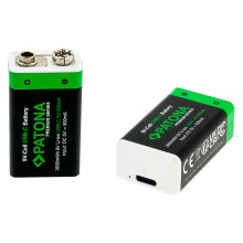 PATONA Premium 2x Akumulatory 9V 6F22 litowe 3600mWh 9V z USB-C i kablem USB-C z 1x do 2x