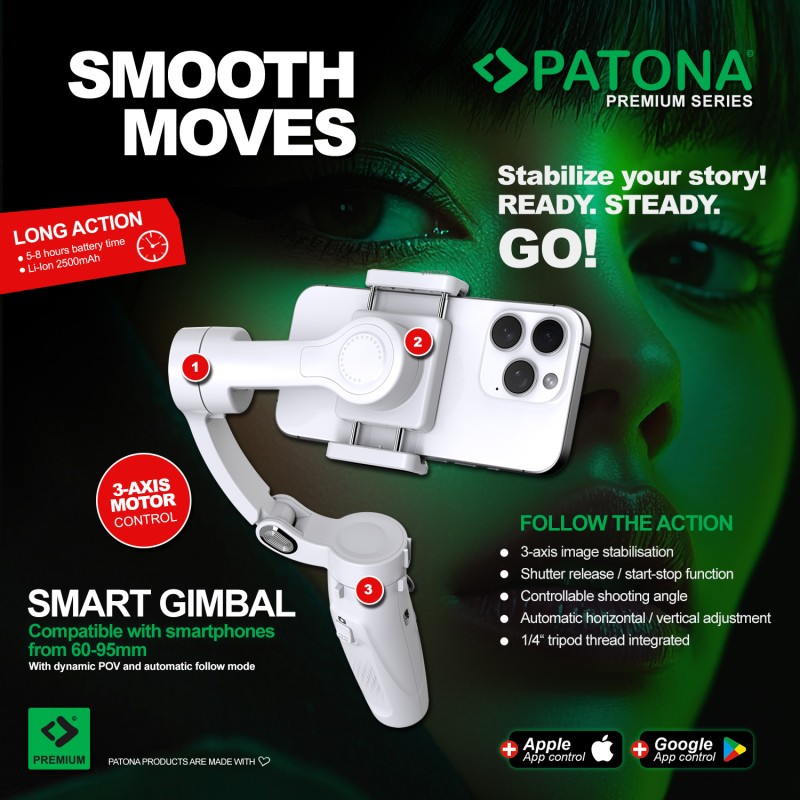 PATONA Premium 3-osiowy gimbal do smartfona z mini lampką i statywem w zestawie PATONA Premium 3-osiowy gimbal do smartfona z mini lampką i statywem w zestawie