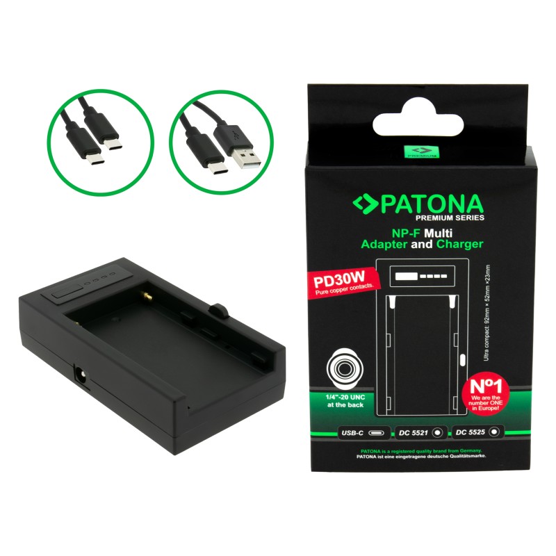PATONA Premium Multifunkcyjna Ładowarka i adapter do Sony NP-F PD30W USB-C DC5521/DC5525 DC8V/12V z gwintem 1/4"