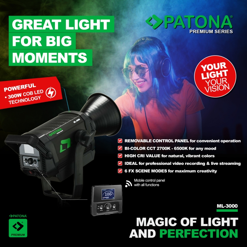 PATONA Premium Lampa LED 300W COB ML-3000 mocowanie Bowens PATONA Premium Lampa LED 300W COB ML-3000 mocowanie Bowens