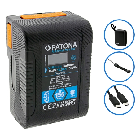PATONA Platinum Akumulator V-Mount BP-155W PD65 155Wh USB-C USB-A D-Tap Wyjście DC w zestawie z twardym etui ochronnym