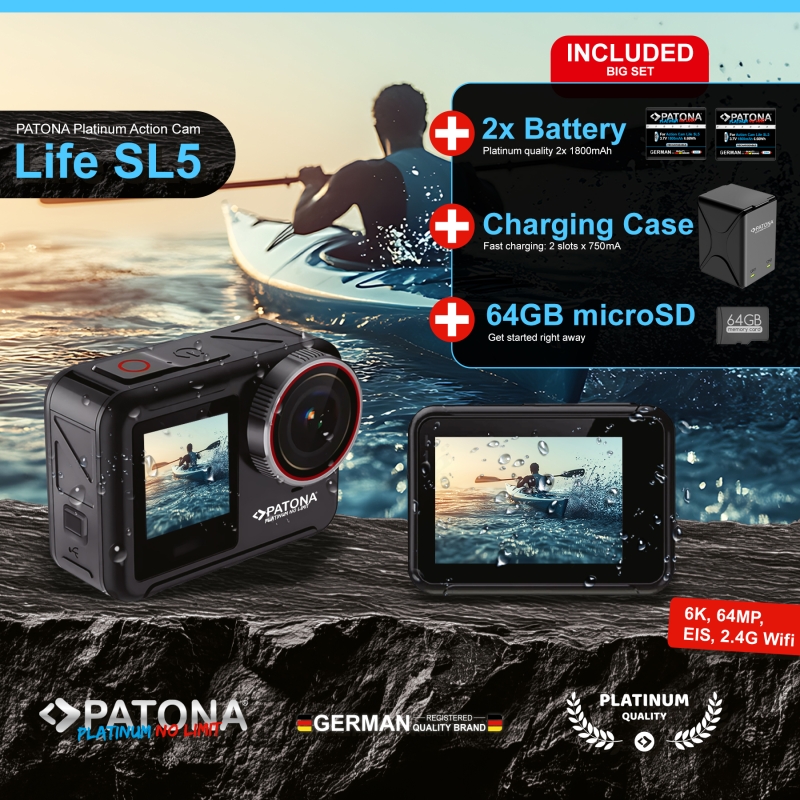 PATONA Platinum BIG SET Kamera sportowa Action Cam Life SL5 6K 90fps + Akcesoria + 2 Akumulatory + Ładowarka + Karta 64GB PATONA Platinum BIG SET Kamera sportowa Action Cam Life SL5 6K 90fps + Akcesoria + 2 Akumulatory + Ładowarka + Karta 64GB