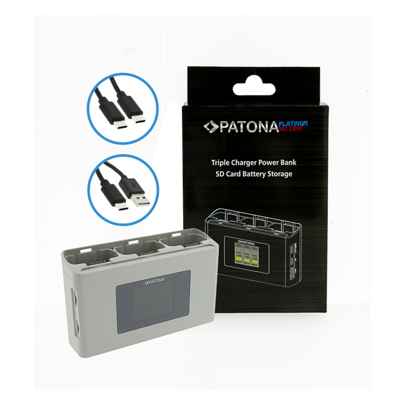 PATONA Platinum Potrójna Ładowarka BC-JMI2B do DJI Mini 2 / Mavic Mini z funkcją powerbanku i miejscem na karty SD