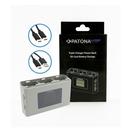 PATONA Platinum Potrójna Ładowarka BC-JMI2B do DJI Mini 2 / Mavic Mini z funkcją powerbanku i miejscem na karty SD
