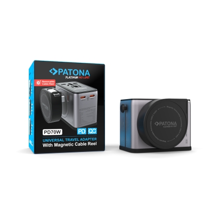 PATONA Platinum Uniwersalna ładowarka podróżna PD70W (2597) – 3× USB-C + 1× USB-A z magnetycznym zwijaczem kabla USB-C