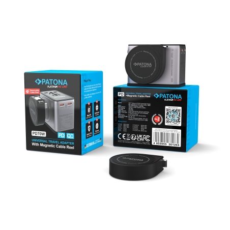 PATONA Platinum Uniwersalna ładowarka podróżna PD70W (2597) – 3× USB-C + 1× USB-A z magnetycznym zwijaczem kabla USB-C