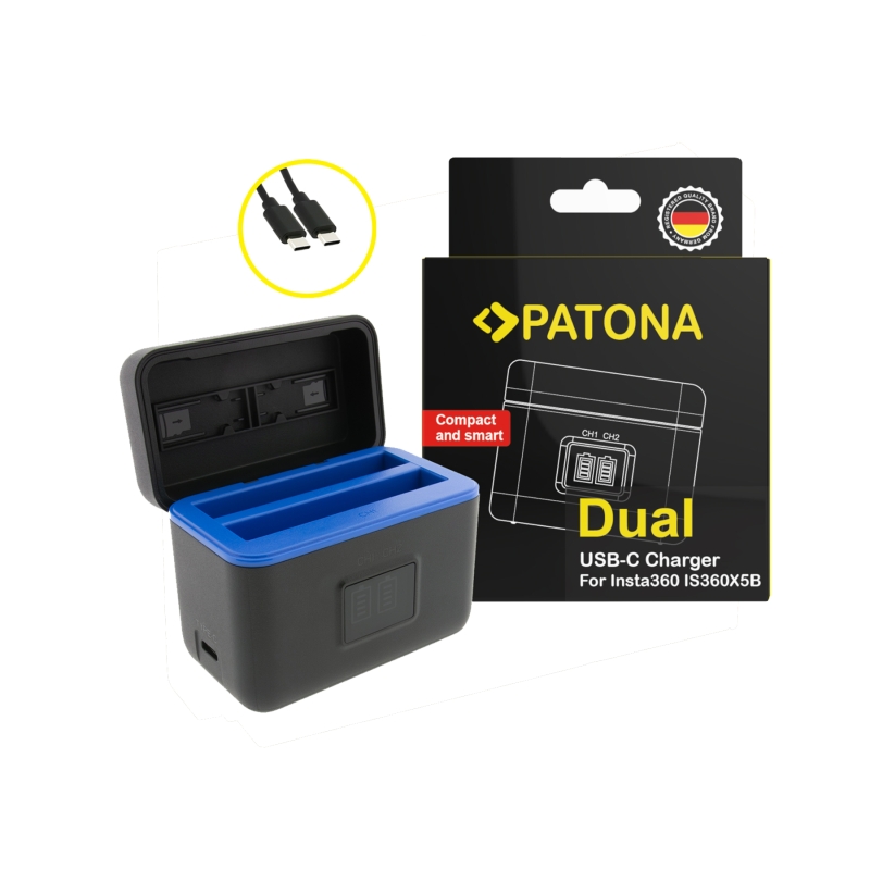 PATONA Etui ładujące Dual Slot USB-C do Insta360 X5 IS360X5B – ładowanie 2 akumulatorów + schowek na 2× karty microSD