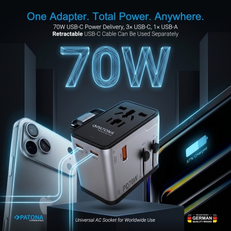 PATONA Platinum Uniwersalna ładowarka podróżna PD70W (2597) – 3× USB-C + 1× USB-A z magnetycznym zwijaczem kabla USB-C