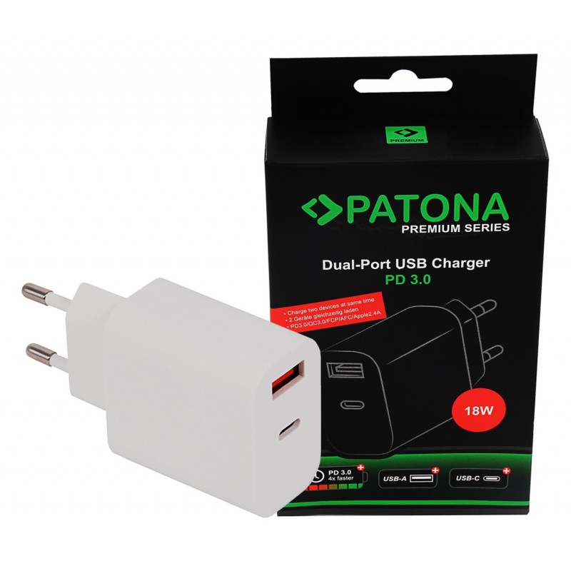 PATONA Premium Ładowarka PD18W 5V/3,0A 9V/2,0A 12V/1,5AA 1xUSB-C 1xUSB-A PD3.0 QC3.0 biała