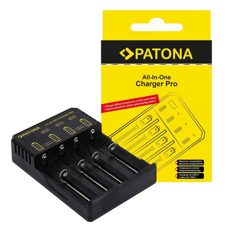 PATONA Ładowarka All-In-One Pro USB-C do paluszków AA/AAA i ogniwa okrągłe CR123A, 14500, 16340, 18650, 22650, 26650
